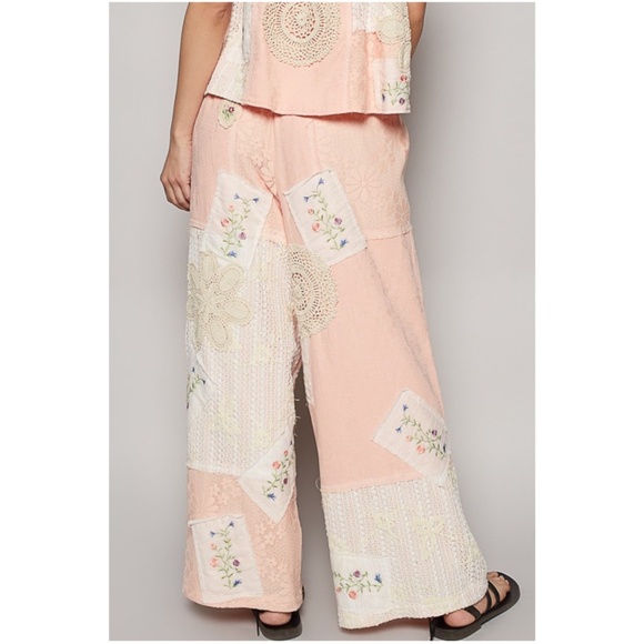 POL Floral Crochet Embroidered Color Block Stretchy Drawstring Waist Pants - Picture 6 of 6